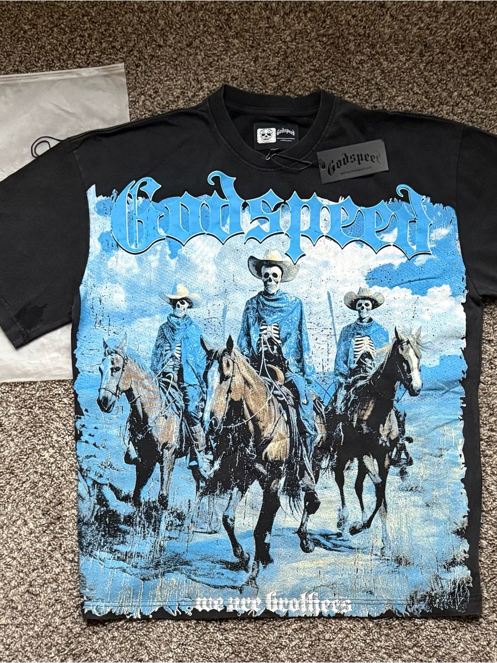 Godspeed Men’s Black Short-Sleeve Graphic Tee with Blue Western Skeleton Print
